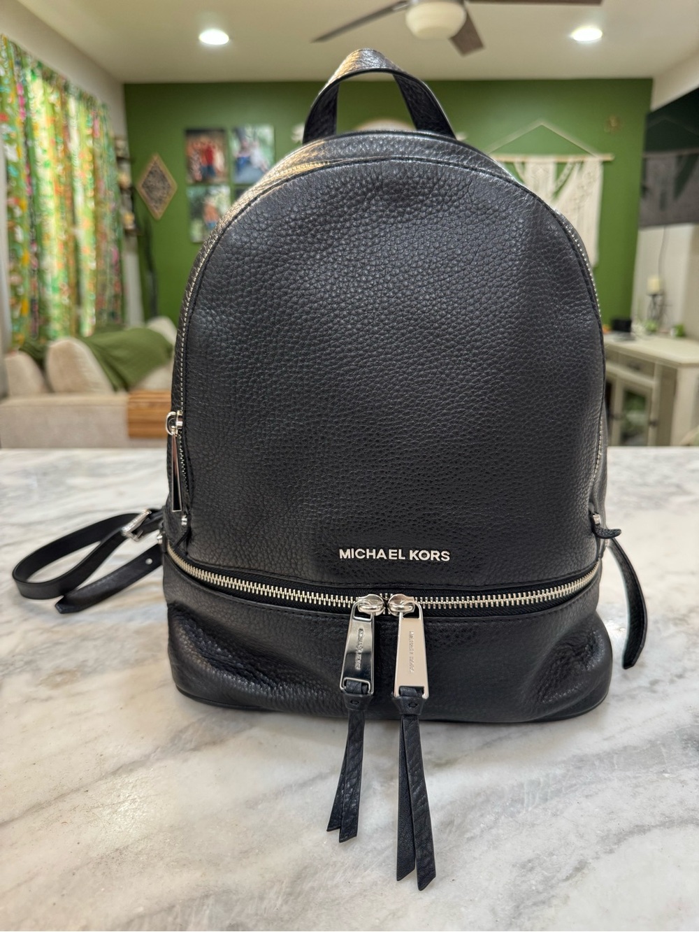 Michael Kors Rhea Black Pebbled Leather Backpack with Silver Hardware - Picture 7 of 8